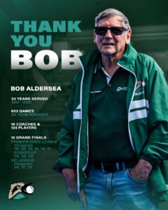 Thank you Bob Aldersea graphic with Bob in a green GHC jacket and a summary of his service as team manager