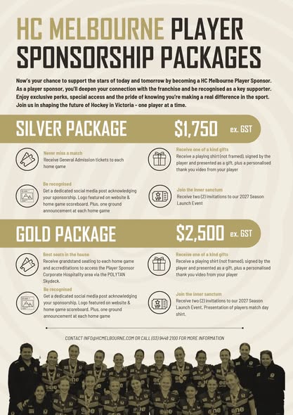 HC Melbourne player sponsorship packages for the 2026 Hockey One season