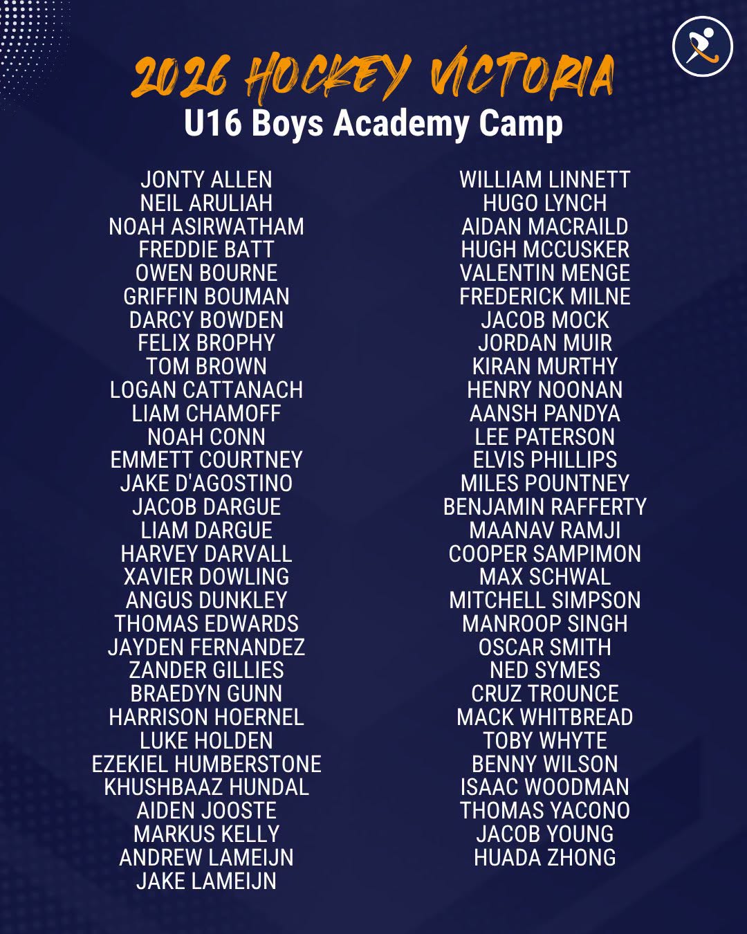 Hockey Victoria 2026 U16 Boys Academy Camp selection list, including Khushbaaz Hundal, Manroop Singh and Cruz Trounce