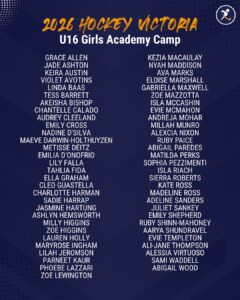 Hockey Victoria 2026 U16 Girls Academy Camp selection list, including Jasmine Hartung and Ruby Shinn-Mahoney