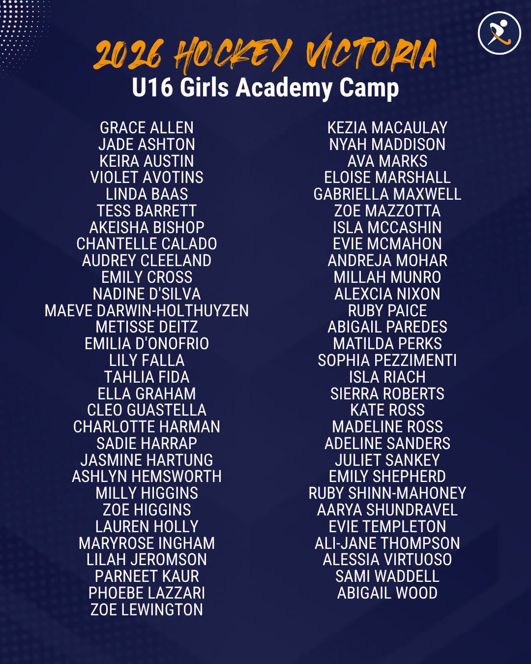 Hockey Victoria 2026 U16 Girls Academy Camp selection list, including Jasmine Hartung and Ruby Shinn-Mahoney