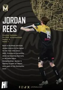 HC Melbourne player profile graphic featuring Greensborough defender Jordan Rees for the 2026 Hockey One season