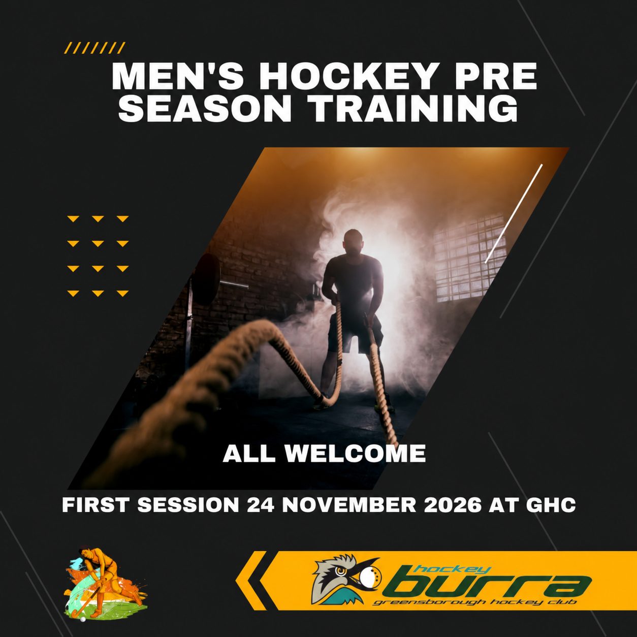 Men’s hockey pre-season training. First session 24 November 2026 at GHC.