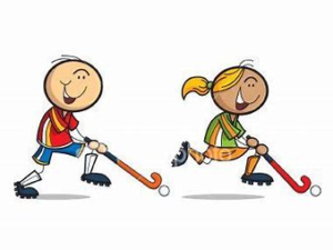 Cartoon of two players running with hockey sticks and balls